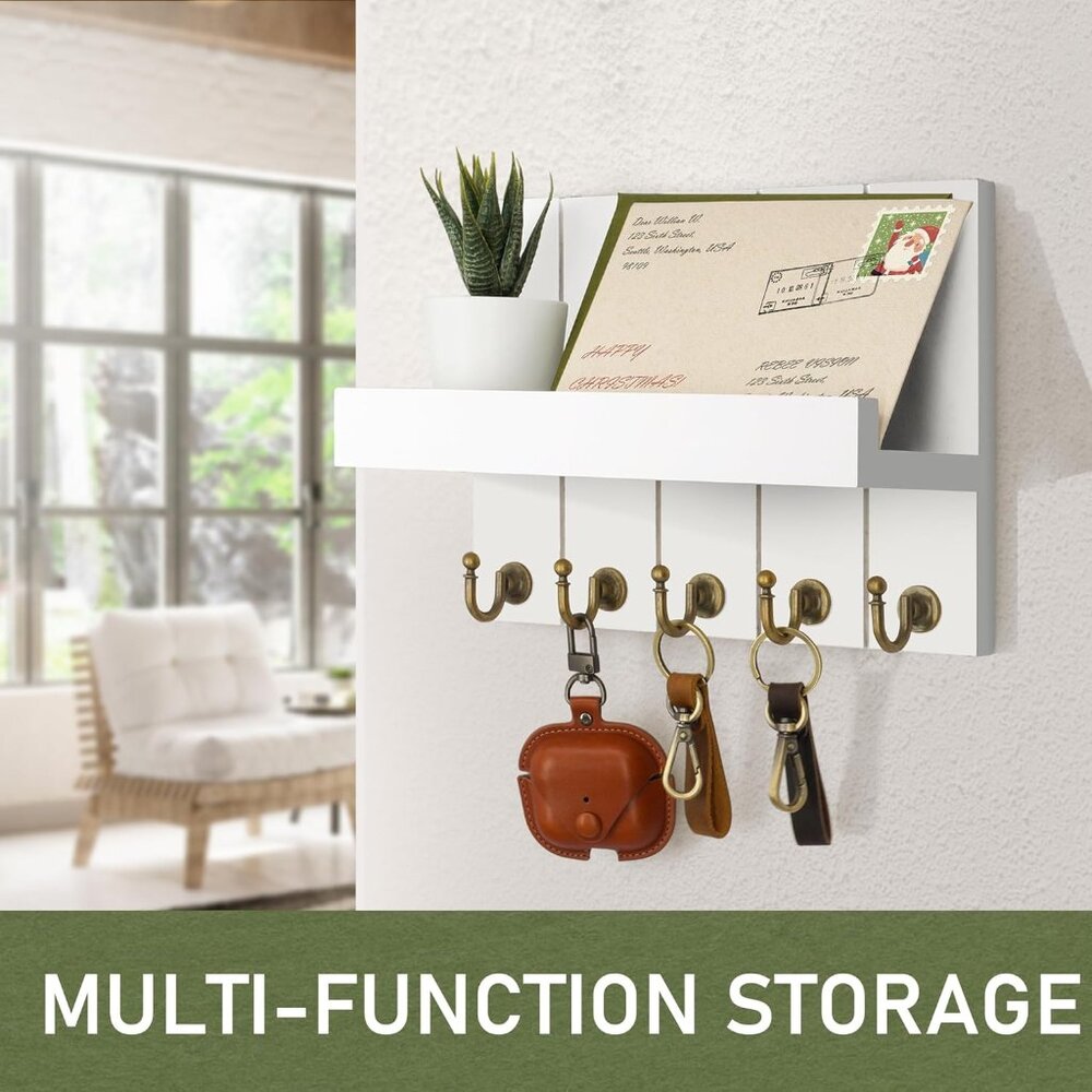 Key Holder for Wall - Decorative Mail Organizer Wall Mount with 5 Key Hooks for - Picture 3 of 6
